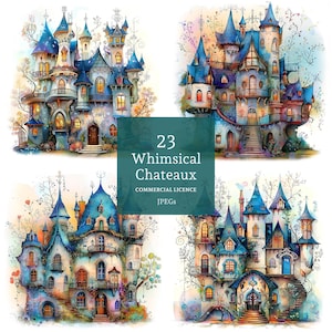 Clipart de un castillo caprichoso, 23 archivos JPG de acuarela de alta calidad, arte casero original para diario, tarjetas, manualidades de papel, fantasía / BR0522-2