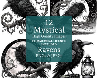 Corvo gótico Halloween Clipart, PNG/JPG de pássaro preto místico com caneta e tinta, criação de cartões, diário de lixo USO COMERCIAL Download digital | AR0716
