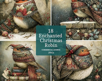 May include: A digital art collection featuring four illustrations of a robin wearing a patterned scarf and hat, surrounded by holiday decorations. The central text reads 18 Enchanted Christmas Robin COMMERCIAL LICENCE JPEGs.