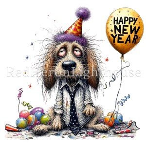 Pu&ograve; includere: Un'illustrazione umoristica di un cane stanco, con un cappello da festa e una cravatta, circondato da decorazioni per feste. Il cane tiene in mano un palloncino con la scritta "Happy New Year". L'opera d'arte ha un'estetica umoristica, leggermente trasandata, perfetta per prodotti a tema festivo.
