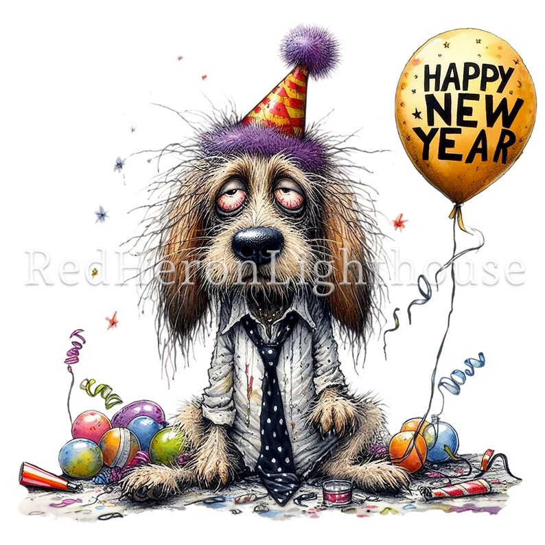 Pu&ograve; includere: Un'illustrazione umoristica di un cane stanco, con un cappello da festa e una cravatta, circondato da decorazioni per feste. Il cane tiene in mano un palloncino con la scritta "Happy New Year". L'opera d'arte ha un'estetica umoristica, leggermente trasandata, perfetta per prodotti a tema festivo.