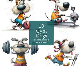 Funny Dog Fitness Clip Art, Watercolour Quirky Workout Animal, 10 PNGs/JPGs, Digital Download, Commercial Use, Card Making, Junk Journal