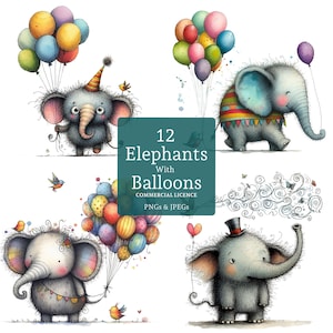 Schattige olifant clipart, 12 PNGs/JPGs verjaardag olifanten met ballonnen, kinderfeest graphics, kinderkamer kunst, digitaal COMMERCIEEL GEBRUIK | AR1008-1