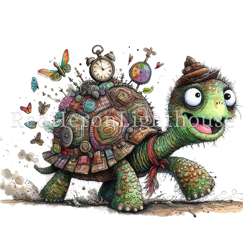 May include: A whimsical illustration of a green turtle with a colorful, patterned shell. The turtle is wearing a brown hat and a red scarf. The shell is decorated with various objects, including a clock, a compass, and a color wheel. The turtle is walking on a dirt path.