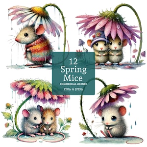 Clipart lentemuizen, 12 hoge kwaliteit png's/jpg's, schattige muis met bloemenafbeeldingen, knutselen voor tuindieren en journaling COMMERCIEEL GEBRUIK | BR0122