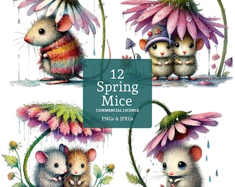 Lentemuizen clipart, 12 hoge kwaliteit png's/jpg's, schattige muis met bloemenafbeeldingen, tuindieren ambachten & journaling COMMERCIEEL GEBRUIK | BR0122