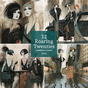 Può includere: Una collezione digitale di 32 illustrazioni degli anni ruggenti con figure in abiti d'epoca, inclusi abiti flapper, fasce per capelli e completi formali, su sfondi urbani con il testo 32 Roaring Twenties COMMERCIAL LICENCE JPEGs.