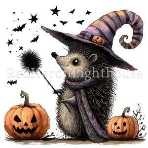 May include: A cute cartoon hedgehog wearing a purple and black striped witch hat with a black and purple scarf and holding a black wand with a fluffy black tip. The hedgehog is standing in front of two orange pumpkins with jack-o-lantern faces. There are small black bats and stars scattered around the image.