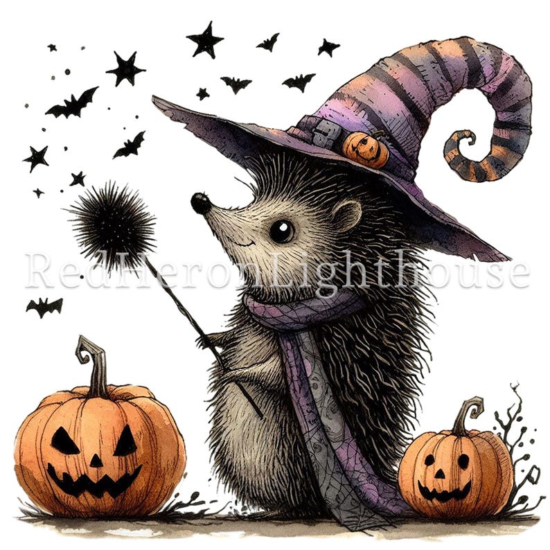 May include: A cute cartoon hedgehog wearing a purple and black striped witch hat with a black and purple scarf and holding a black wand with a fluffy black tip. The hedgehog is standing in front of two orange pumpkins with jack-o-lantern faces. There are small black bats and stars scattered around the image.