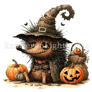 May include: A cartoon hedgehog wearing a witch's hat and a black jacket, holding a small pumpkin. The hedgehog is surrounded by pumpkins and a burlap sack filled with more pumpkins.