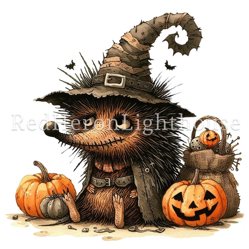 May include: A cartoon hedgehog wearing a witch's hat and a black jacket, holding a small pumpkin. The hedgehog is surrounded by pumpkins and a burlap sack filled with more pumpkins.