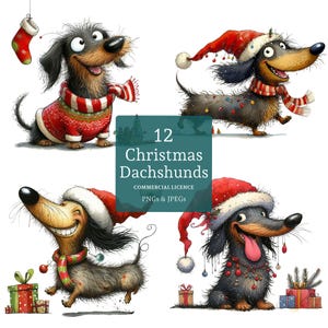 Christmas Dachshund Clipart 12 High Quality PNGs/JPGs Funny Dogs, Festive Pet Art, Dog Lover Clipart, Winter Craft COMMERCIAL USE | AR1017-2