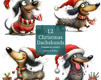 May include: Twelve digital illustrations of Dachshunds dressed in festive Christmas attire. The Dachshunds are wearing Santa hats, scarves, and ornaments. The illustrations are in a cartoon style and are perfect for holiday crafts and projects.