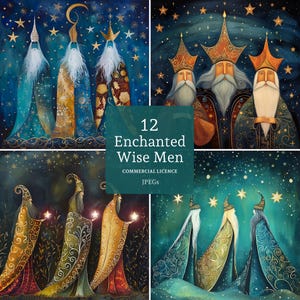 Los tres reyes magos Clipart 12 JPG de alta calidad, Reyes Magos encantados, Imágenes de la Natividad, Manualidades para fiestas religiosas USO COMERCIAL / AR1120