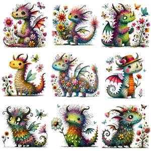 Op de afbeelding: Negen kleurrijke, grillige drakenillustraties met bloemmotieven. Elke draak heeft een uniek ontwerp en een unieke persoonlijkheid, sommige dragen hoeden en andere zijn versierd met bloemen.