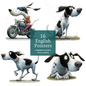 May include: A collection of four cartoon English Pointers in various poses. One dog rides a motorcycle, another sits, a third runs, and the last one lies down. The dogs are white with black spots. The image includes the text "16 English Pointers".
