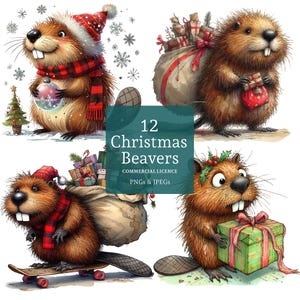 May include: Twelve Christmas-themed illustrations of beavers. The beavers are wearing Santa hats, scarves, and carrying gifts. One beaver is riding a skateboard. The illustrations are in a cartoon style and are perfect for holiday crafts and decorations.