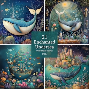 Sous-marins enchantés, 21 fichiers JPG haute qualité, images fantastiques de baleines et de poissons, oeuvre d'art océanique, fabrication de cartes, journal indésirable, UTILISATION COMMERCIALE | BR0324