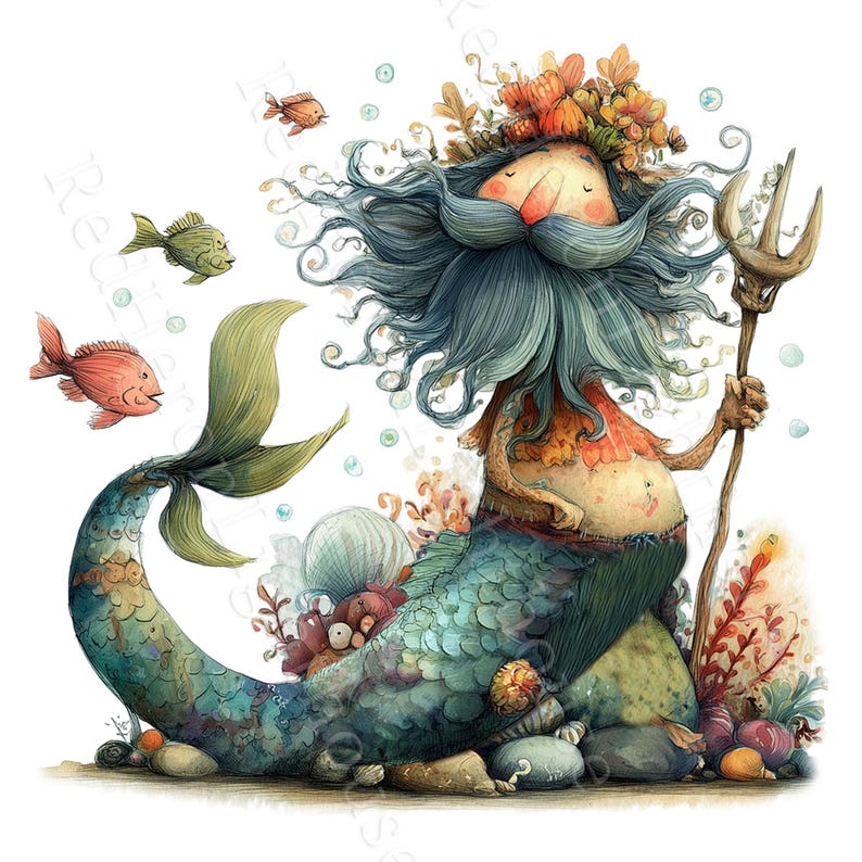 Quirky Merman Clipart 10 High Quality Watercolour Fantasy Undersea Pngs ...