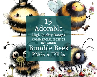 Adorable Bumble Bee Clipart, 15 PNGs/JPGs Cute Honey Bees, Quirky Insect Designs, Kids'/Nursery Art COMMERCIAL USE Digital Download | AR0626