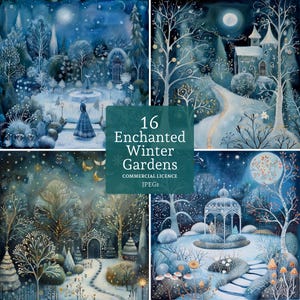 Enchanted Winter Garden clipart, 16 hoge kwaliteit jpg's, grillige besneeuwde landschappen, kaarten maken, junkjournaling, COMMERCIEEL GEBRUIK | AR1120-1