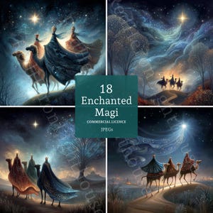 Op de afbeelding: Een verzameling van vier digitale kunstprints met de Wijzen, die elk het bijbelse verhaal van de Drie Wijzen uitbeelden. De afbeeldingen tonen de Wijzen op kamelen, onder een sterrenhemel, met de tekst "18 Enchanted Magi".