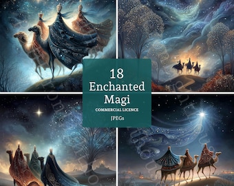 May include: A collection of four digital art prints featuring the Magi, each depicting the biblical story of the Three Wise Men. The images show the Magi on camels, under a starry night sky, with the text "18 Enchanted Magi".