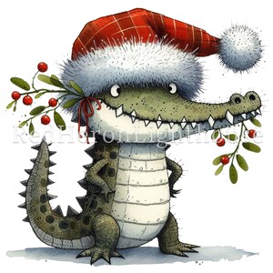 May include: A green crocodile wearing a red and white Santa hat with a white fur trim. The crocodile is holding a sprig of mistletoe with red berries in its mouth.