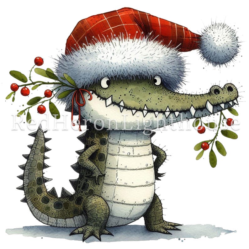 May include: A green crocodile wearing a red and white Santa hat with a white fur trim. The crocodile is holding a sprig of mistletoe with red berries in its mouth.