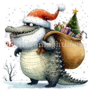 May include: A green alligator wearing a red Santa hat and a white beard carries a brown sack full of presents. The alligator is standing in the snow with a candy cane in its mouth. A small Christmas tree with a star on top is in the background.