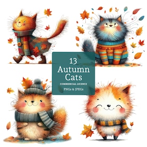 Clipart de gato otoñal, 13 PNG/JPG de acuarela de alta calidad, clipart de gatito peculiar, manualidades digitales/en papel, diario, uso comercial / BR0605