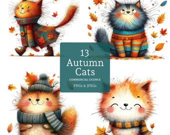 Autumn Cat Clipart, 13 High Quality Watercolour PNGs/JPGs, Quirky Kitten Clipart, Paper/Digital Craft, Journaling, COMMERCIAL USE | BR0605