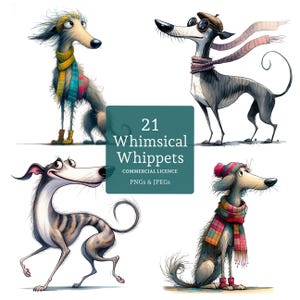 Clipart Whippet fantaisiste, 21 fichiers PNG/JPG de haute qualité, Images de chien mignon, Clipart amateur d'animaux de compagnie, fabrication de cartes, tenue d'un journal, UTILISATION COMMERCIALE | BR0224