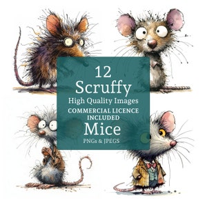 Ensemble de 12 cliparts souris débraillées, 12 fichiers PNG/JPGS, art drôle de souris, rongeurs lunatiques, animaux originaux, téléchargement numérique | AR0517-2