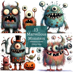 Kleine Monster Clipart 13 PNGs / JPGs, lustige Halloween Monster Clipart, schrullige Halloween-Kreaturen, KOMMERZIELLE NUTZUNG Digitaler Download | AR0821
