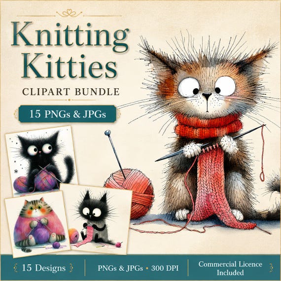 Knitting Kitties Clipart, 15 High Quality PNGs/JPGs, Quirky Cat Clipart, Paper/Digital Craft, Junk Journal, Whimsy, COMMERCIAL USE | BR0502