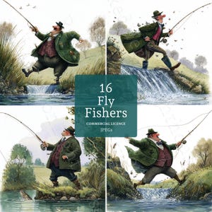 May include: A collection of four watercolor illustrations featuring a fly fisherman in a green coat and hat, fishing in a river. The image includes the text "16 Fly Fishers" and "Commercial Licence JPEGs".