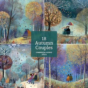 May include: A collection of four art prints featuring autumnal scenes with couples. The artwork showcases colorful trees, falling leaves, and couples sitting on benches. The text "18 Autumn Couples" is displayed on a green square.