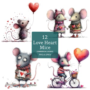 Liebe Herz Mäuse Clipart 12 hochwertige PNGs / JPGs, Valentinstag Tierbilder, süße Maus Kunst für Karten / Papierhandwerk KOMMERZIELLE NUTZUNG | AR1017-1
