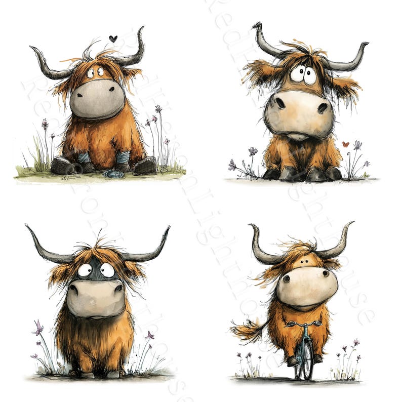 May include: Four cartoon illustrations of Highland cows in various poses. The cows are brown with large horns and expressive faces. One cow sits, one has a butterfly, one has a mask, and one rides a bicycle. Each image has a white background.