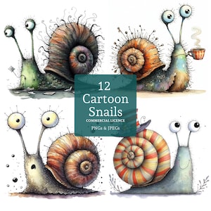 Cartoon Snail Clipart Set, High Quality Designs, 12 PNGs/JPGs, Cute Quirky Snails, Funny Animal, COMMERCIAL USE Digital Download | AR0529