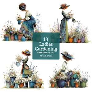 Clipart jardinière, 13 fichiers PNG/JPG haute qualité, aquarelle florale de femmes, fabrication de cartes, tenue d'un journal, créations en papier, UTILISATION COMMERCIALE | BR0519