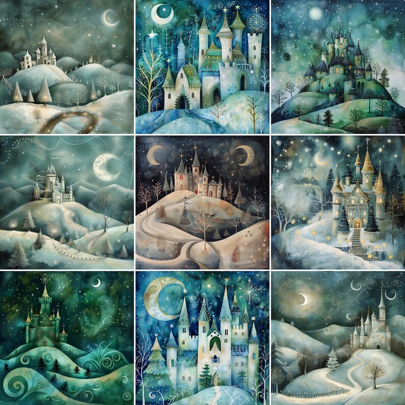 May include: A digital painting of nine winter scenes featuring whimsical castles on snow-covered hills. Each scene has a crescent moon and stars in the night sky. The castles are decorated with lights and have a magical, fairytale-like quality.