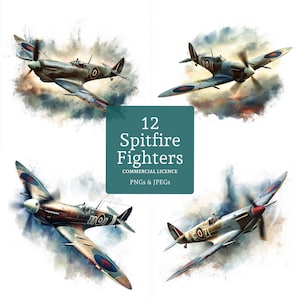 WWII Spitfire Clipart, 12 hochwertige PNGs / JPGs, Aquarell Vintage Kampfflugzeug, Papiermodelle, Junk Journal, KOMMERZIELLE NUTZUNG | BR0613-1