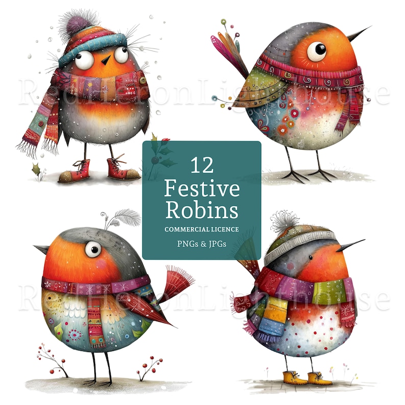 Whimsy Robin Quirky Christmas Robin Clipart, 10 High Quality Watercolour Whimsical ...