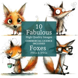 Ensemble de clipart fabuleux renard, 10 fichiers PNG/JPG de haute qualité, dessins drôles de renard, art animalier mignon des bois, usage commercial, téléchargement numérique | AR0606