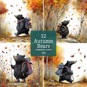 May include: Four watercolour illustrations of black bears walking through an autumn forest, each with a backpack and scarf. The images are set against a backdrop of trees and falling leaves. The text "12 Autumn Bears" is displayed in a teal box.