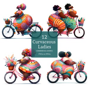 Kurvige schwarze Dame auf einem Fahrrad 12 hochwertige PNGs / JPGs, Kartenherstellung, Papier / digitales Handwerk, wunderliche Frauen Clipart KOMMERZIELLE NUTZUNG | BR0428-1