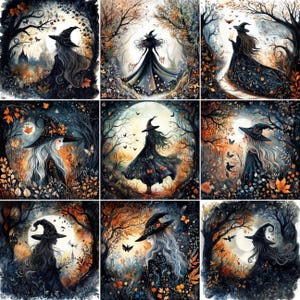May include: A collection of nine square art prints featuring a witch in a black dress and hat, set in a forest with autumn foliage. The artwork has a watercolor style with a dark, moody color palette of black, orange, and brown.
