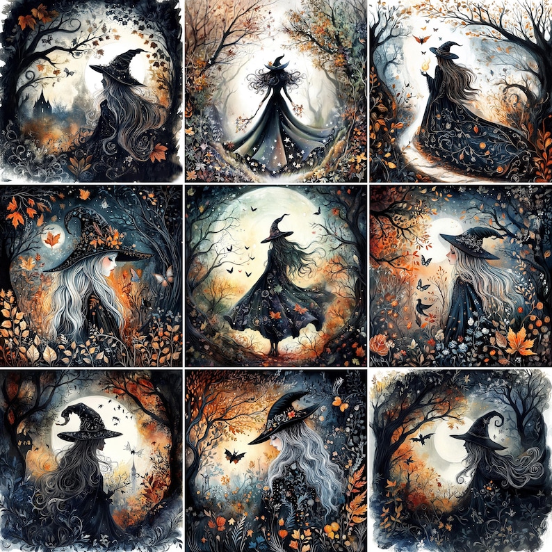 May include: A collection of nine square art prints featuring a witch in a black dress and hat, set in a forest with autumn foliage. The artwork has a watercolor style with a dark, moody color palette of black, orange, and brown.